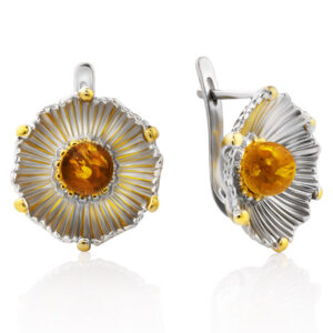Beautiful earrings with gilding decorated with natural amber Phlox