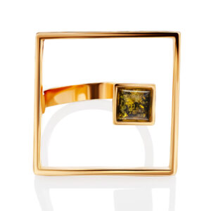 Bright gold plated ring Gravity with green amber 17.5