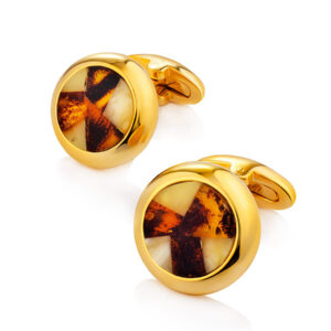Bright round cufflinks decorated with mosaics made of natural amber