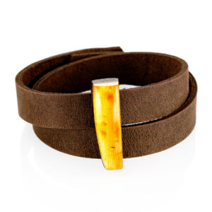 Stylish leather bracelet Indonesia with natural amber and wood Stylish bracelet-bauble made of leather decorated with natural amber unisex