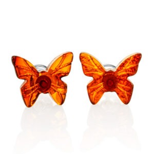 Stud earrings made of natural Baltic amber in cognac color "Butterflies" from the "April" collection
