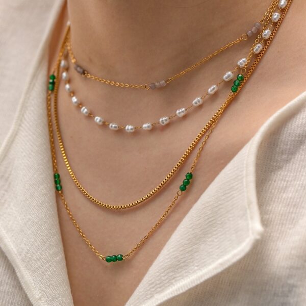 Stainless Steel Gold Plate Double Chain Necklace With semiprecious stones