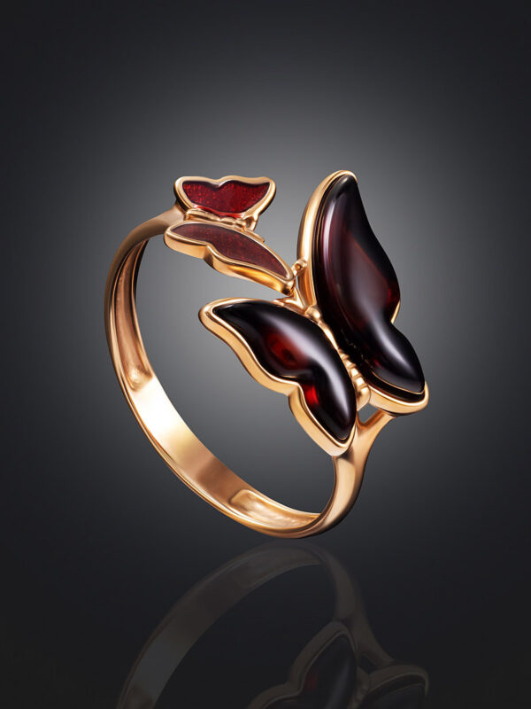 Cherry Amber Butterfly Ring with Enamel "April" - Image 2