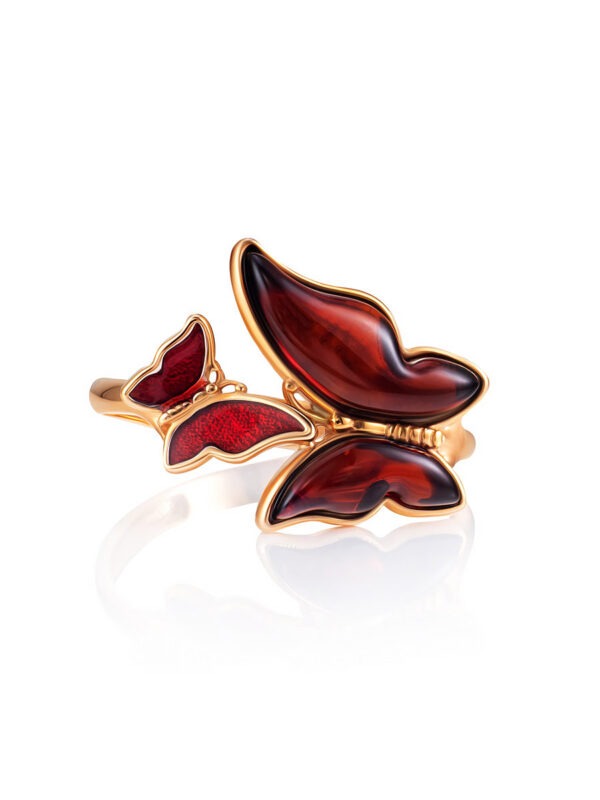 Cherry Amber Butterfly Ring with Enamel "April" - Image 3