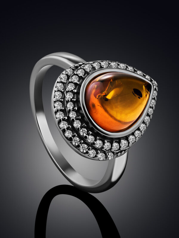 Beautiful feminine ring decorated with amber and cubic zirconia "Renaissance" - Image 3