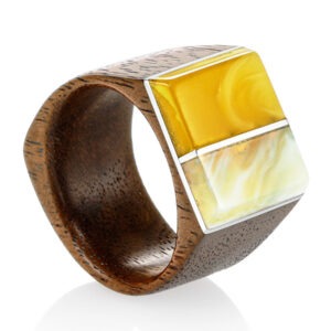 Wooden ring with inserts of natural amber and nickel silver "Indonesia"