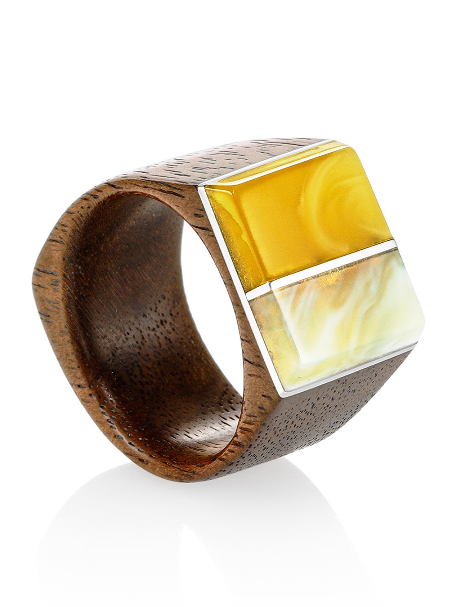 Wooden ring with inserts of natural amber and nickel silver "Indonesia"