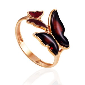 Cherry Amber Butterfly Ring with Enamel "April"