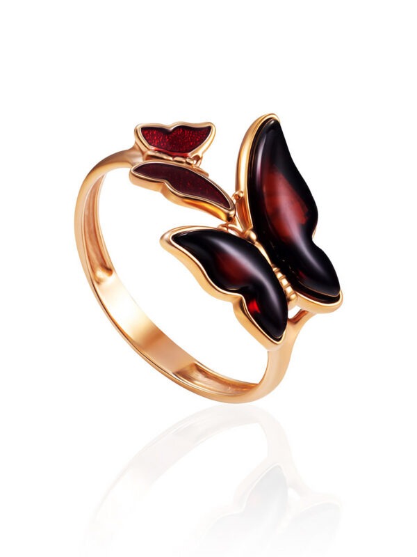 Cherry Amber Butterfly Ring with Enamel "April"