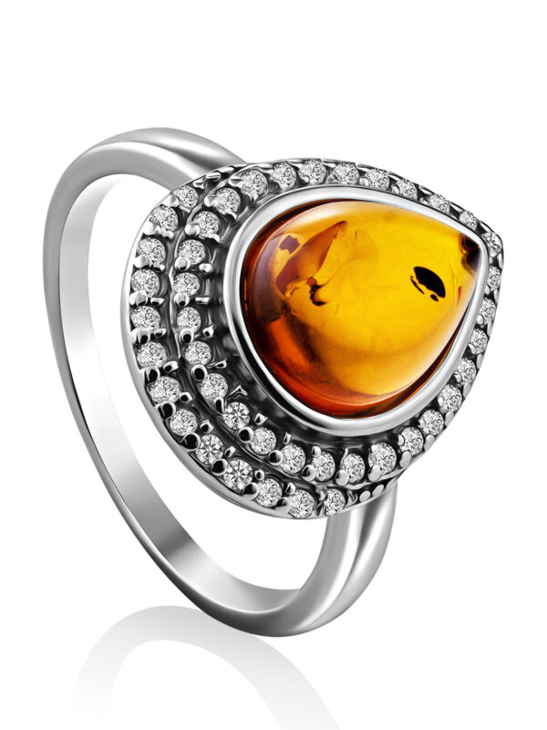 Beautiful feminine ring decorated with amber and cubic zirconia "Renaissance"