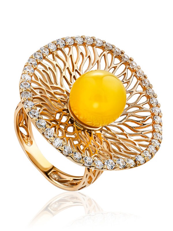 Luxurious ring with zirconites and honey amber "Venus"