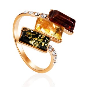 A vibrant gold-plated ring with multi-colored amber and "Mosaic" crystals