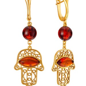 Bright, openwork, gilded earrings with cherry amber "Hamsa"
