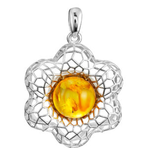 Feminine pendant with natural golden amber "Physalis"