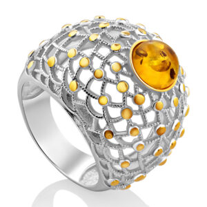 Spectacular volumetric ring "Web" with natural amber 17