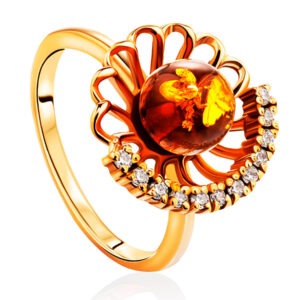 Exquisite ring decorated with amber and cubic zirconia "Chamomile" 17.5