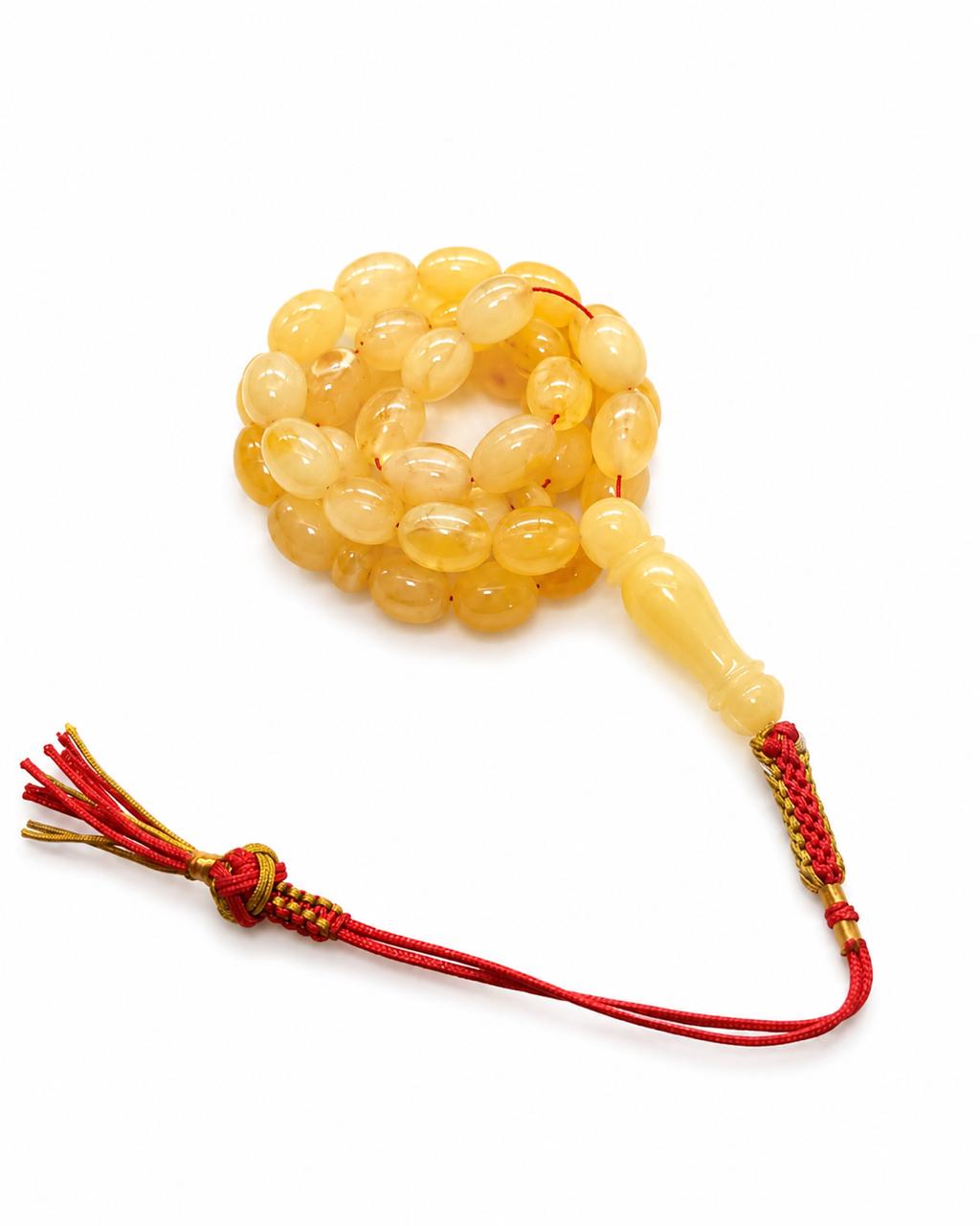 Golden Amber Misbaha – 49 Beads Natural Prayer 21gm Misbah Olive Shape
