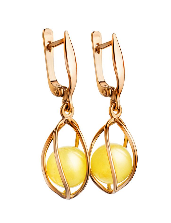 Bright gold-plated earrings with natural honey amber Algeria - Image 3