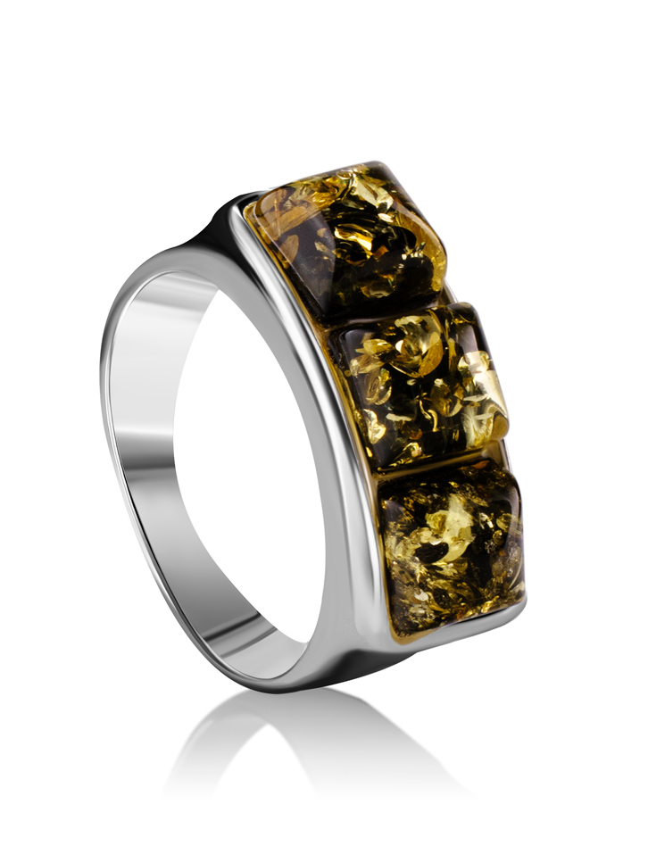 Bright ring Mosaic with natural green amber 17.5