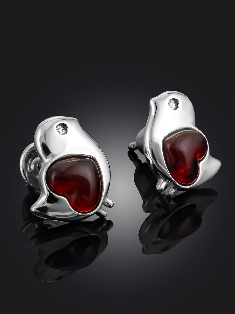 Small stud earrings "Bird" with cherry amber - Image 3