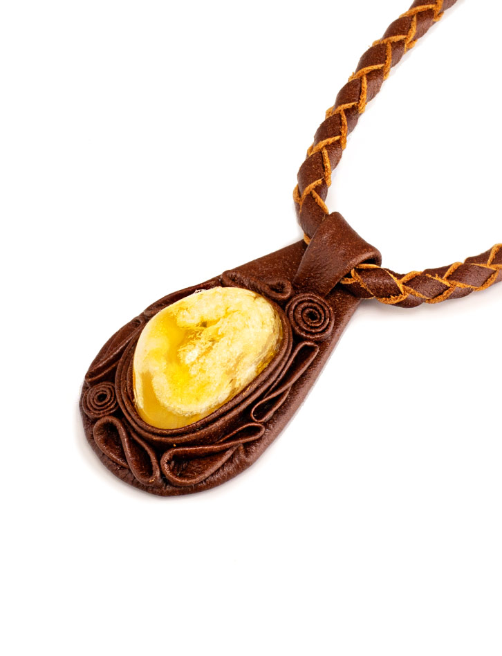 Large pendant made of natural amber on a leather cord - Image 2
