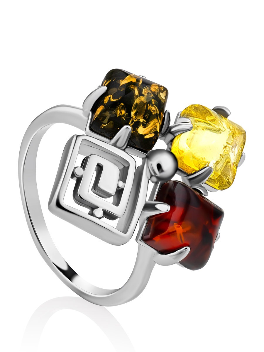 A bright and stylish ring called "Vernissage" with amber in three colors.