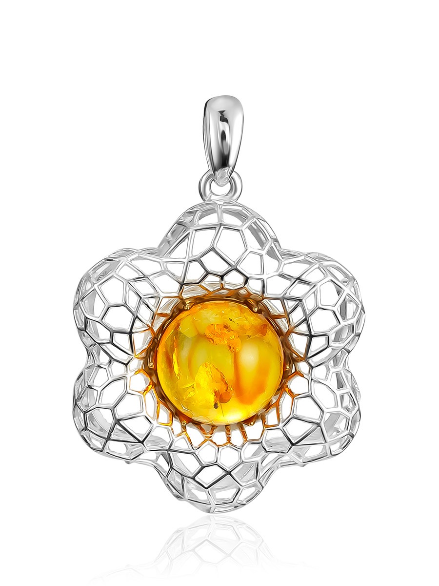 Feminine pendant with natural golden amber "Physalis"