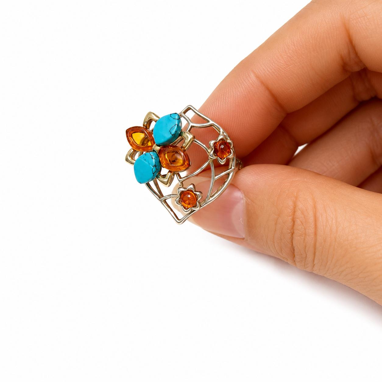 Azure Blossom Amber & Turquoise Ring - Image 2