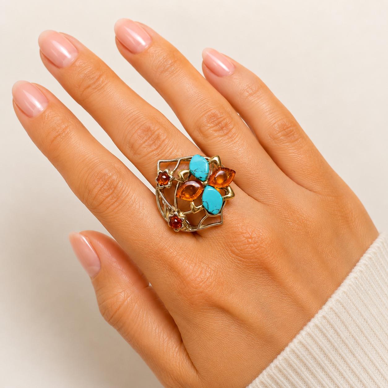 Azure Blossom Amber & Turquoise Ring - Image 3