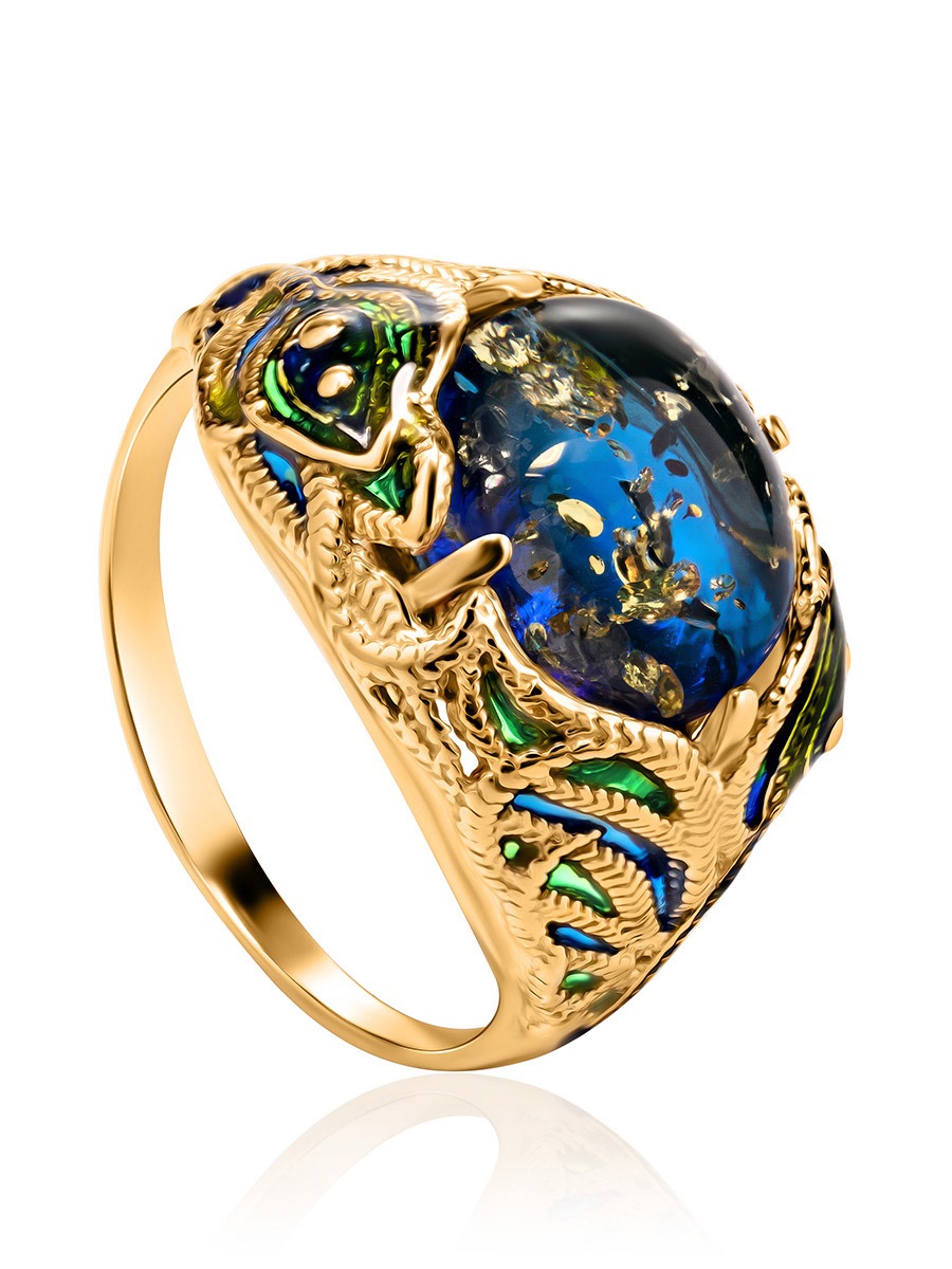 Luxurious ring with blue amber "Peacock"
