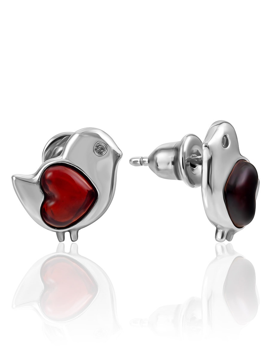 Small stud earrings "Bird" with cherry amber