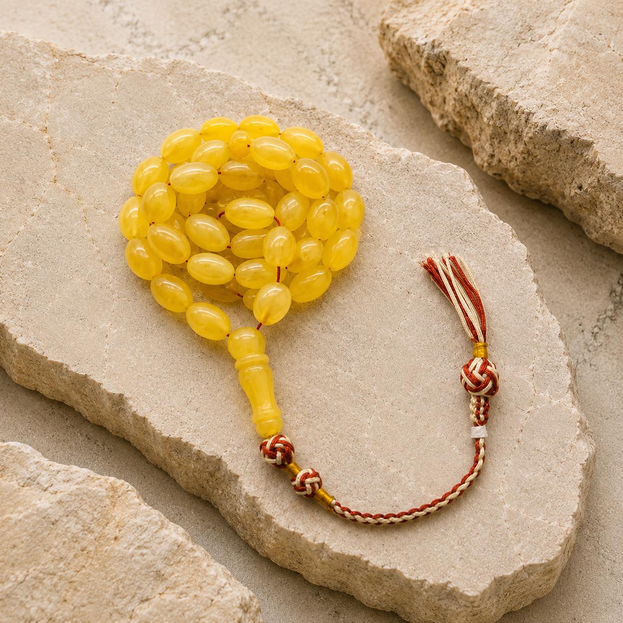 Golden Amber Misbaha – Natural Prayer Rosary 23g 48 olive shape beads - Image 2