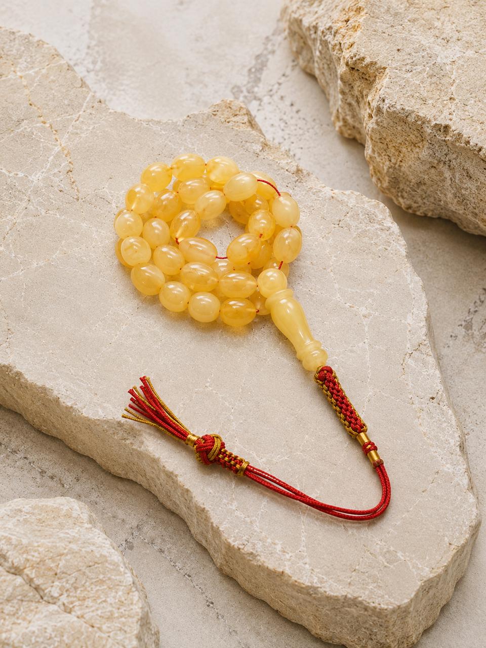 Golden Amber Misbaha – 49 Beads Natural Prayer 21gm Misbah Olive Shape - Image 2