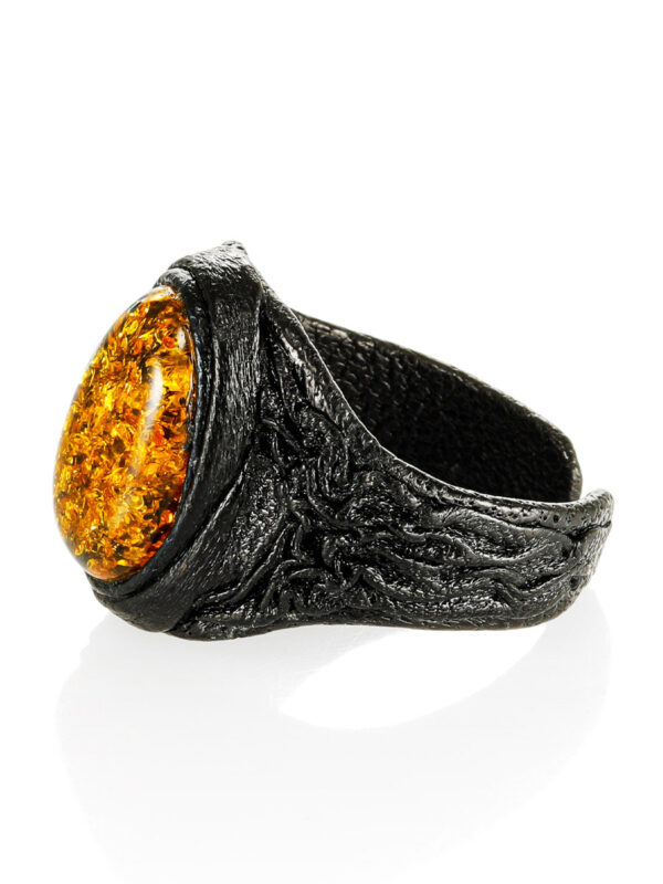 Leather-ring-with-large-sparkling-greenish-amber-1.jpeg Leather & Amber Statement Ring