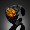Leather-ring-with-large-sparkling-greenish-amber-2.jpeg Leather & Amber Statement Ring