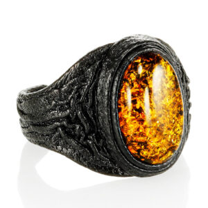 Leather Ring with Large Sparkling Amber