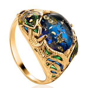 Luxurious Ring with Blue Amber "Peacock"