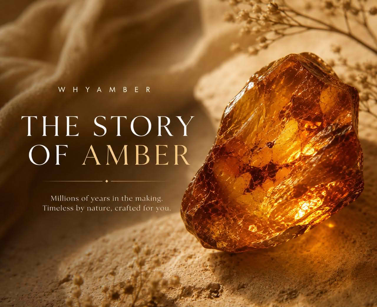 Raw Baltic amber stone with "The Story of Amber" text by Why Amber Dubai