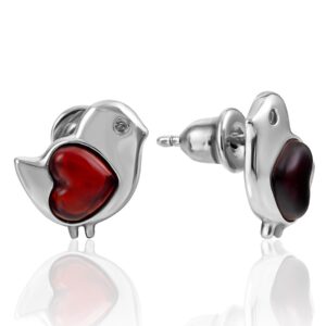 Small Stud Earrings "Bird" with Cherry Amber